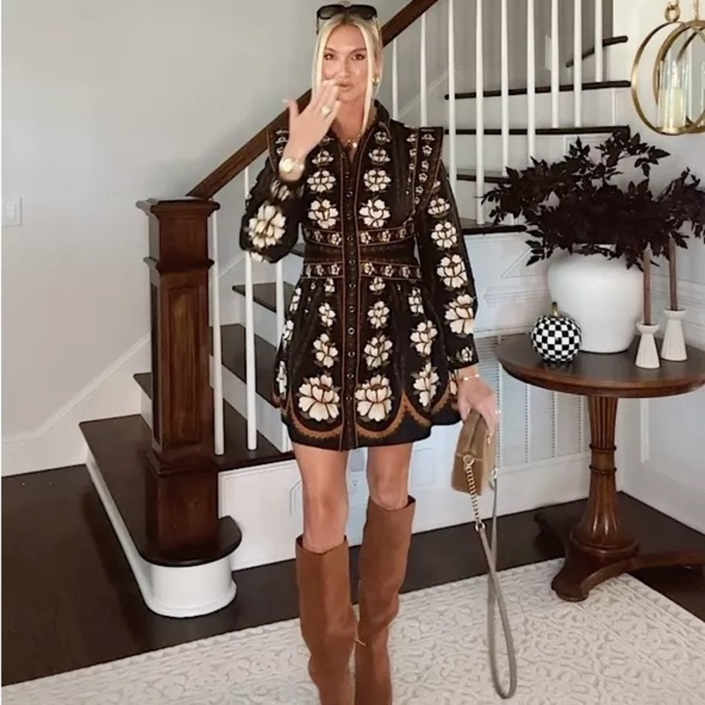 FARM Rio Black Embroidered Flowers Long Sleeve Organic Cotton Mini Dress